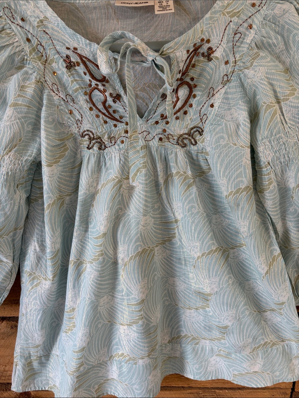 DKNY Light Blue Embroidered Tie-Neck Peasant Top - Picture 10 of 10